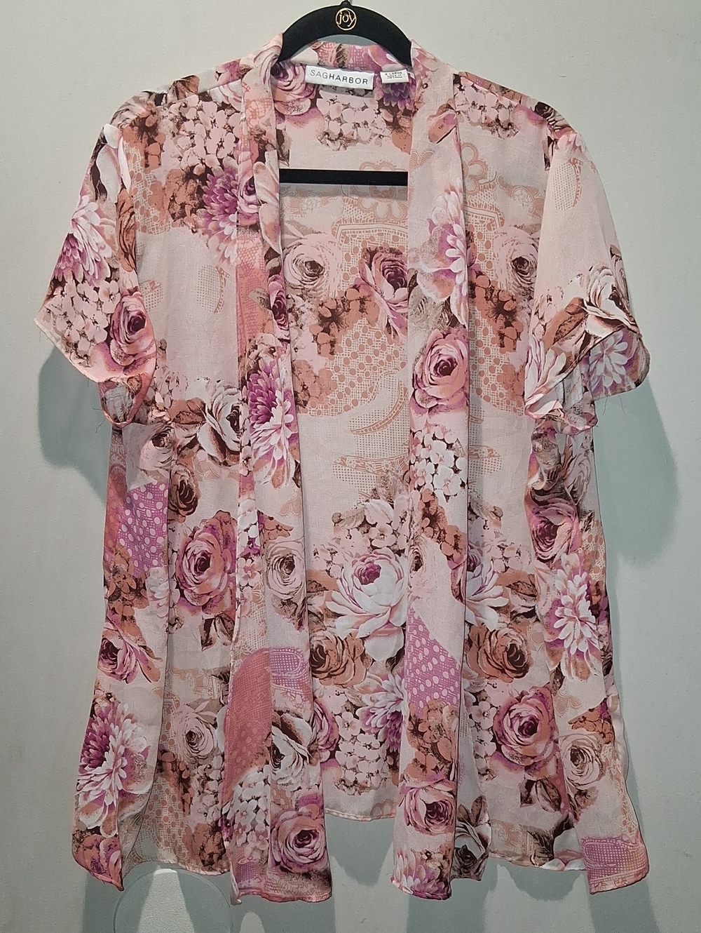 Sag Harbor Pink and Brown Floral Open-Front Kimono